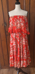 Lulus red floral strapless maxi dress front view dramatic strapless silhouette secondhand dresses Sassy and Chic