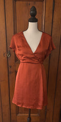 Urban Outfitters rust deep V wrap mini dress front view dramatic V-neckline thrifted like new dresses Sassy and Chic