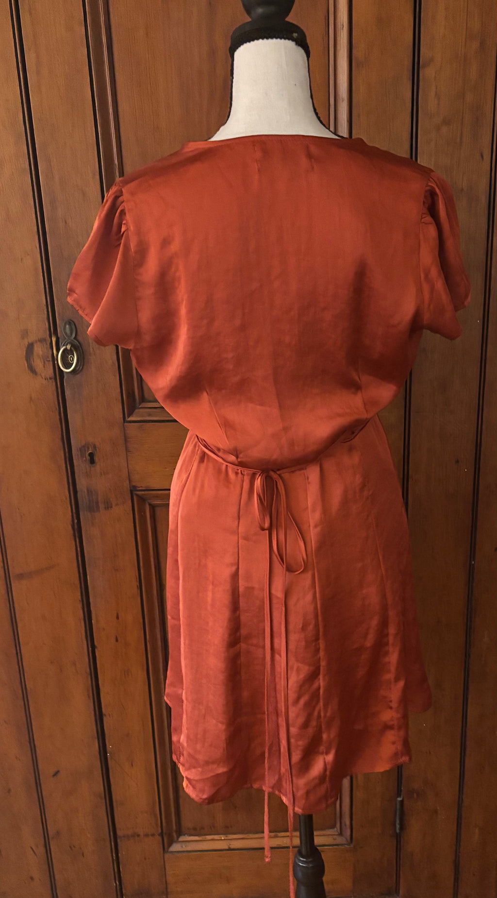 Urban Outfitters rust deep V wrap mini dress back view thrifted like new dresses Sassy and Chic