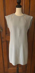 BCBG light blue grey cap sleeve mini dress front view delicate cap sleeves thrifted finds designer dresses Sassy and Chic