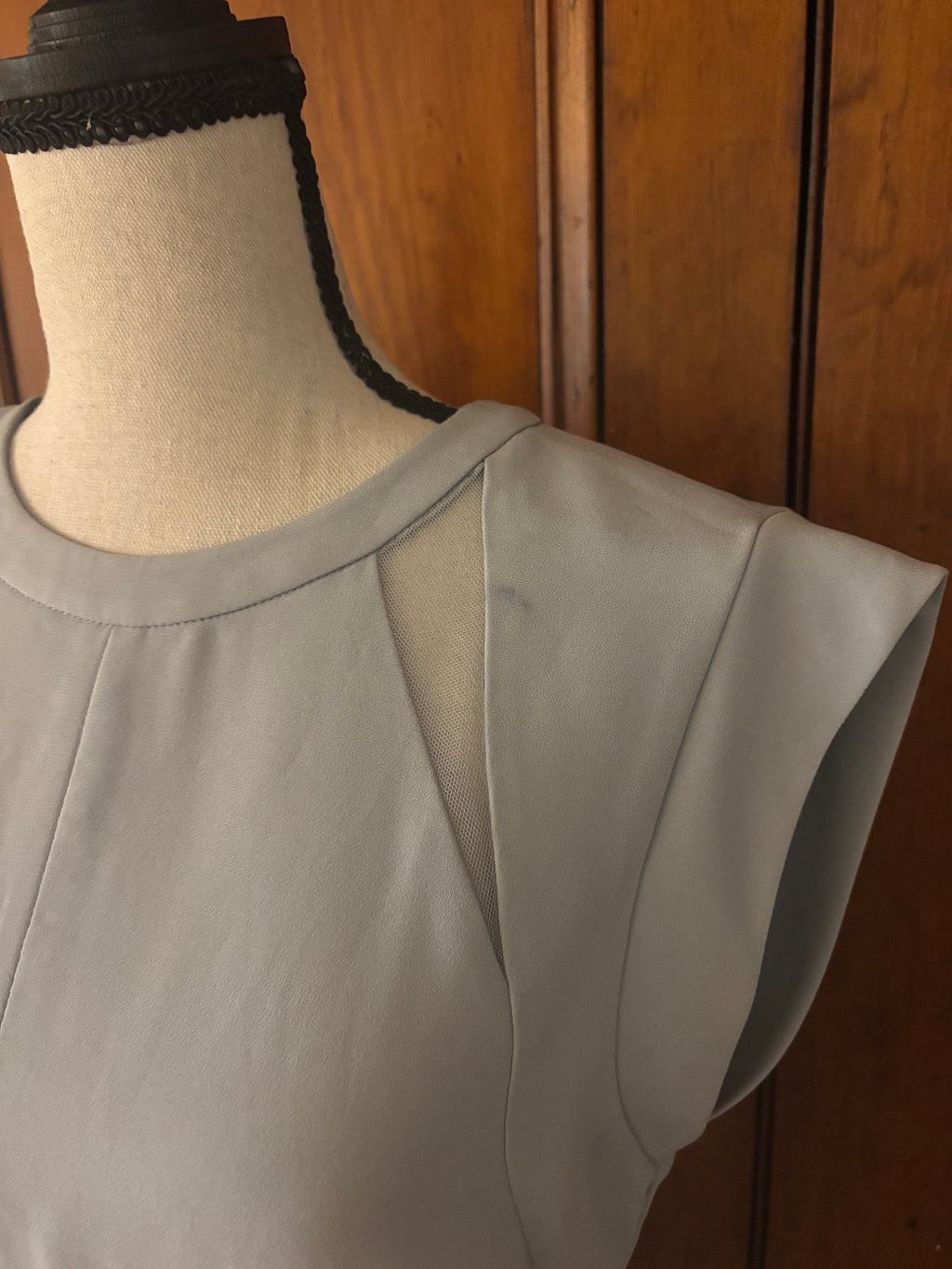 BCBG light blue grey cap sleeve mini dress detail close up ethereal blue grey hue like new Sassy and Chic