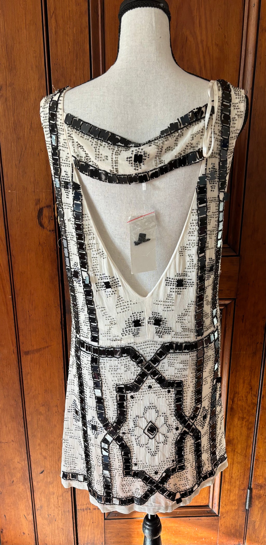 Free People off white beaded mini dress back view dramatic deep V back thrifted cocktail dresses Sassy and Chic