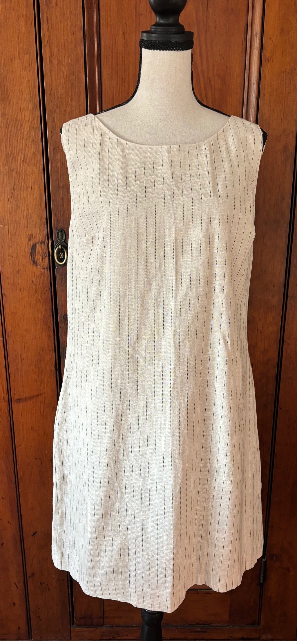 Banana Republic beige striped mini dress front view sleeveless silhouette thrifted dresses brand new tags Sassy and Chic