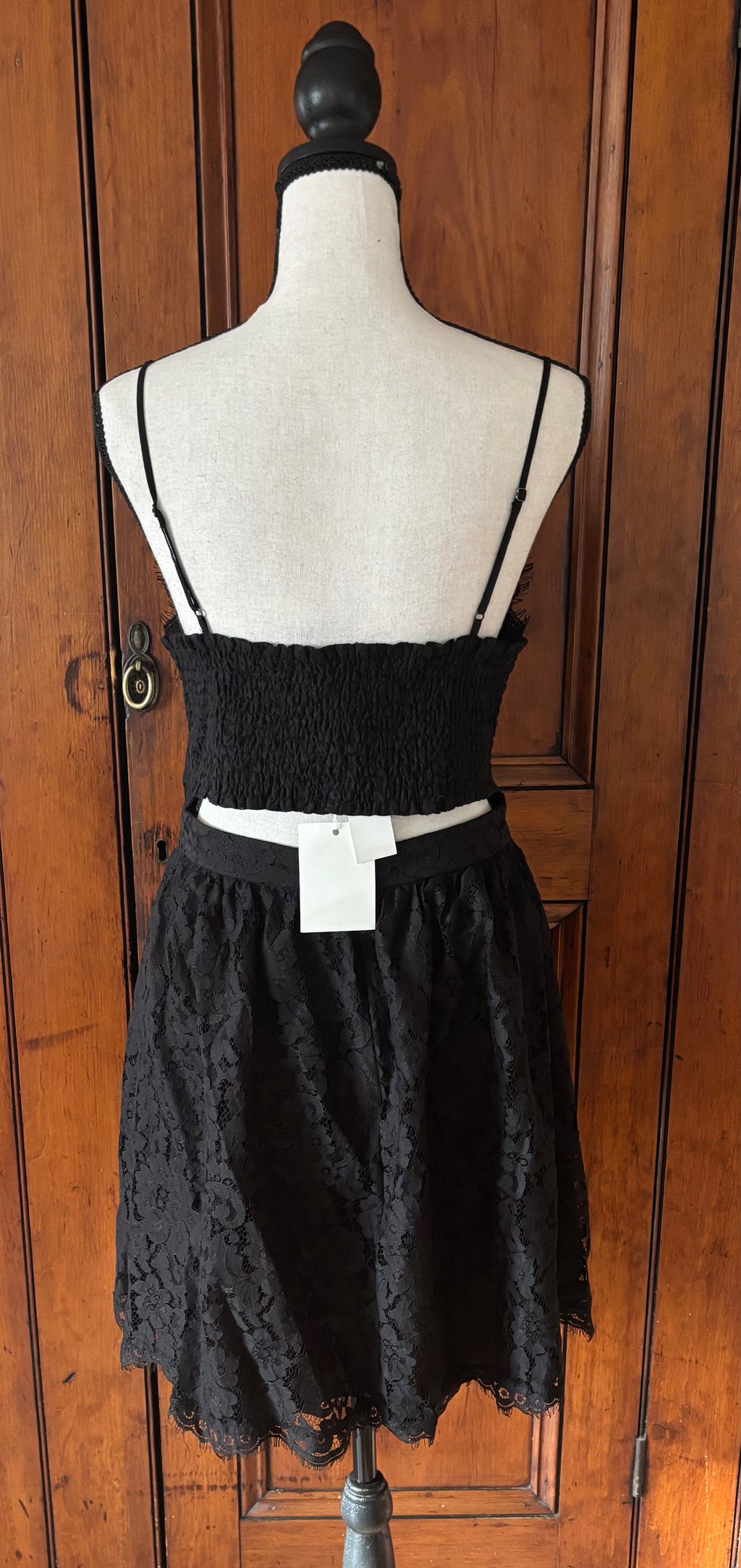 Joi black lace spaghetti strap mini dress back view thrifted designer cocktail dresses Sassy and Chic