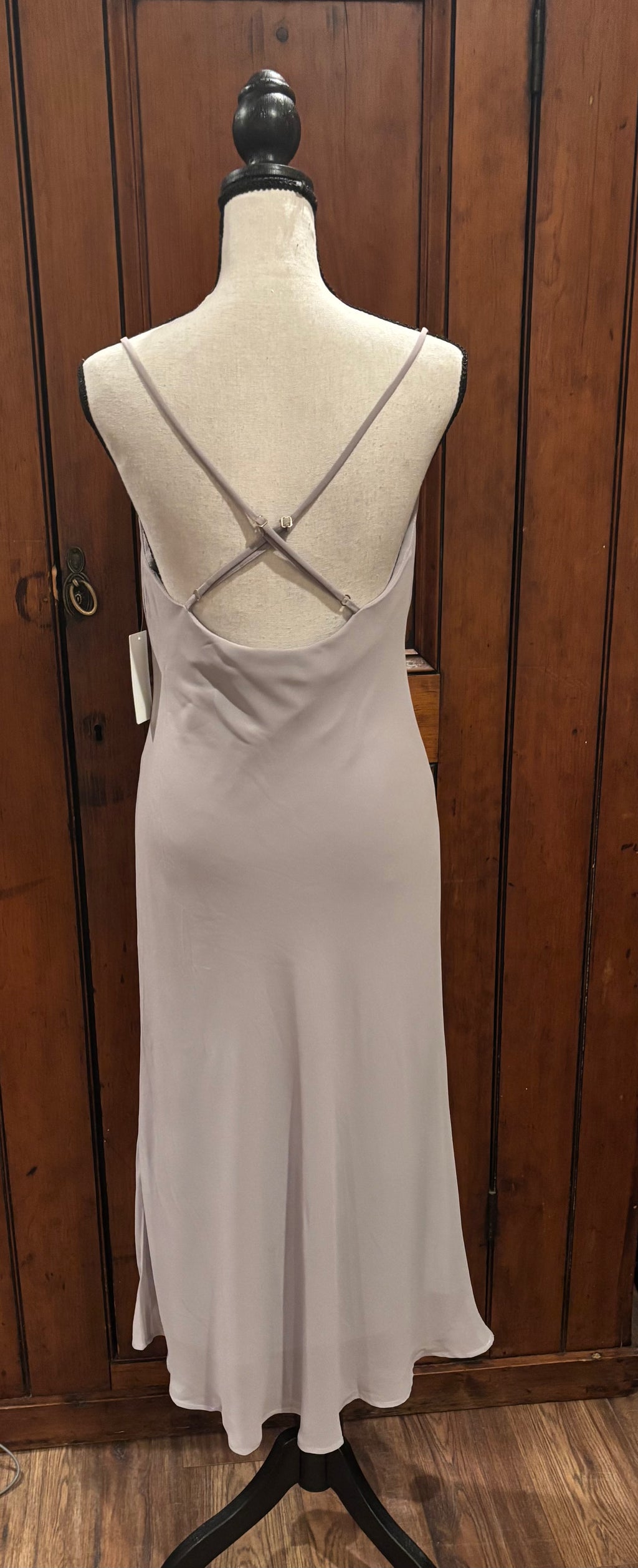 Show Me Your Mumu taupe cowl neck maxi dress back view criss-cross back detail thrifted cocktail dresses Sassy and Chic