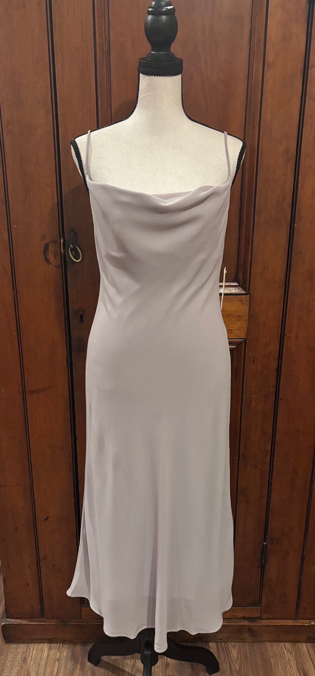 Show Me Your Mumu taupe cowl neck maxi dress front view spaghetti straps thrifted cocktail dresses Sassy and Chic
