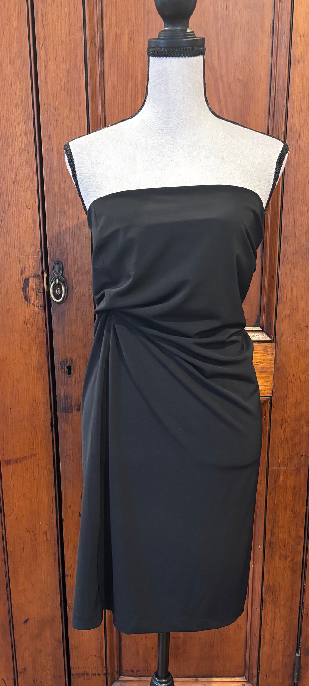 Thrifted cocktail dresses DKNY black strapless mini dress front view flattering ruching brand new with tags Sassy and Chic