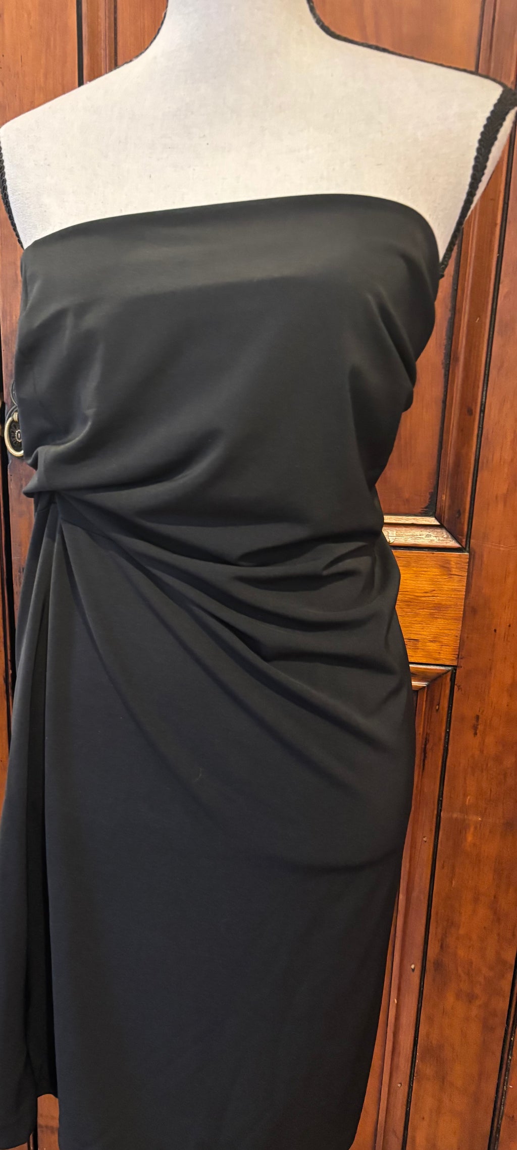 Thrifted cocktail dresses DKNY black strapless mini dress detail close up figure sculpting brand new with tags Sassy and Chic