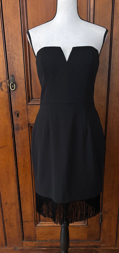Pre-owned cocktail dresses Aidan by Aidan Mattox black fringe dress front view knee length silhouette like new Sassy and Chic