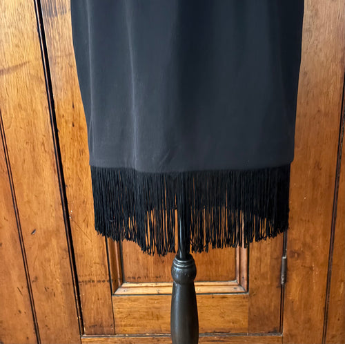 Pre-owned cocktail dresses Aidan by Aidan Mattox black dress detail close up statement fringe detail like new Sassy and Chic