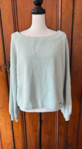 Thrifted sweaters Hollister light blue green pullover front view relaxed long sleeve silhouette like new Sassy and Chic