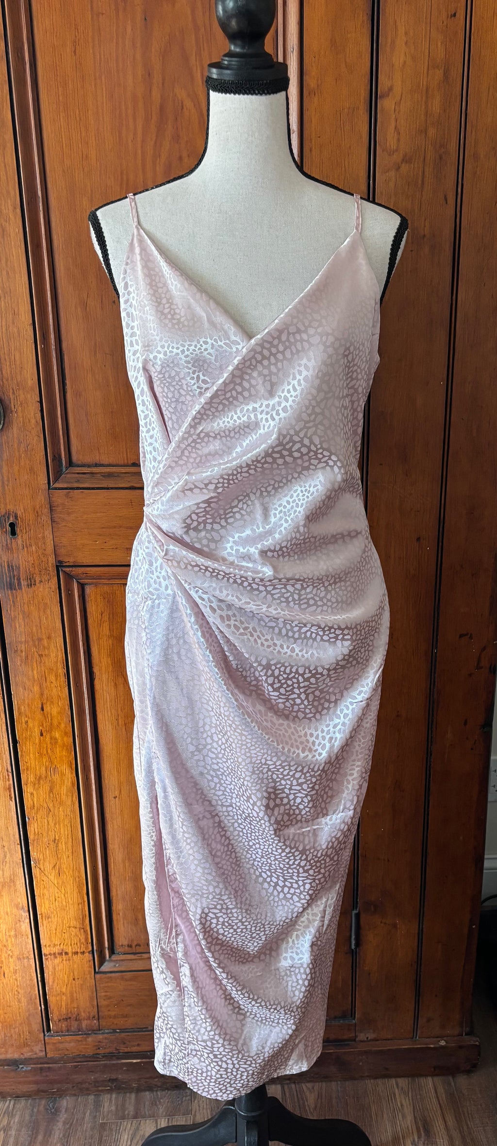 Pre-loved cocktail dresses Area Stars pink animal print midi dress front view spaghetti straps brand NWTs Sassy and Chic