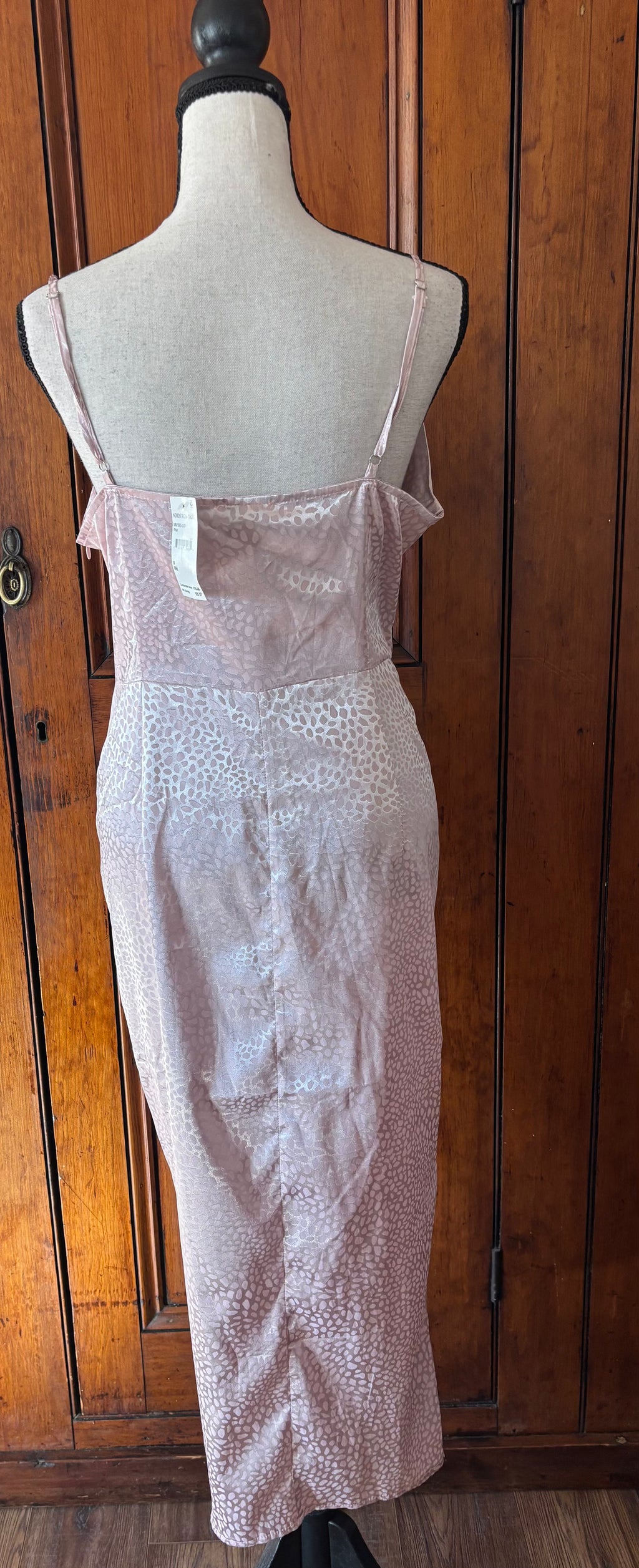 Pre-loved cocktail dresses Area Stars pink animal print midi dress back view brand new with tags Sassy and Chic