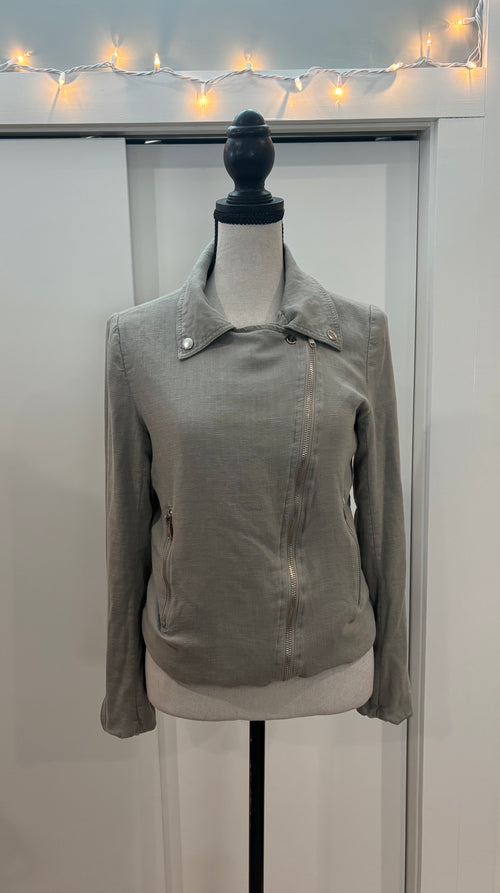 Ellison grey zip up jacket front view hip length silhouette pre-owned jackets like new Sassy and Chic