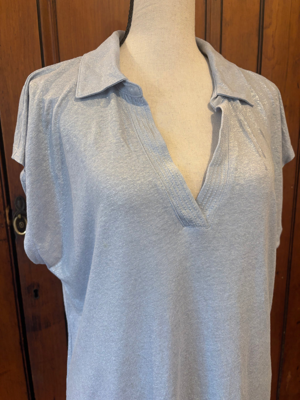 Calypso St Barth light blue short sleeve top detail close up V-neck collar shimmer pre-loved tops and blouses Sassy and Chic