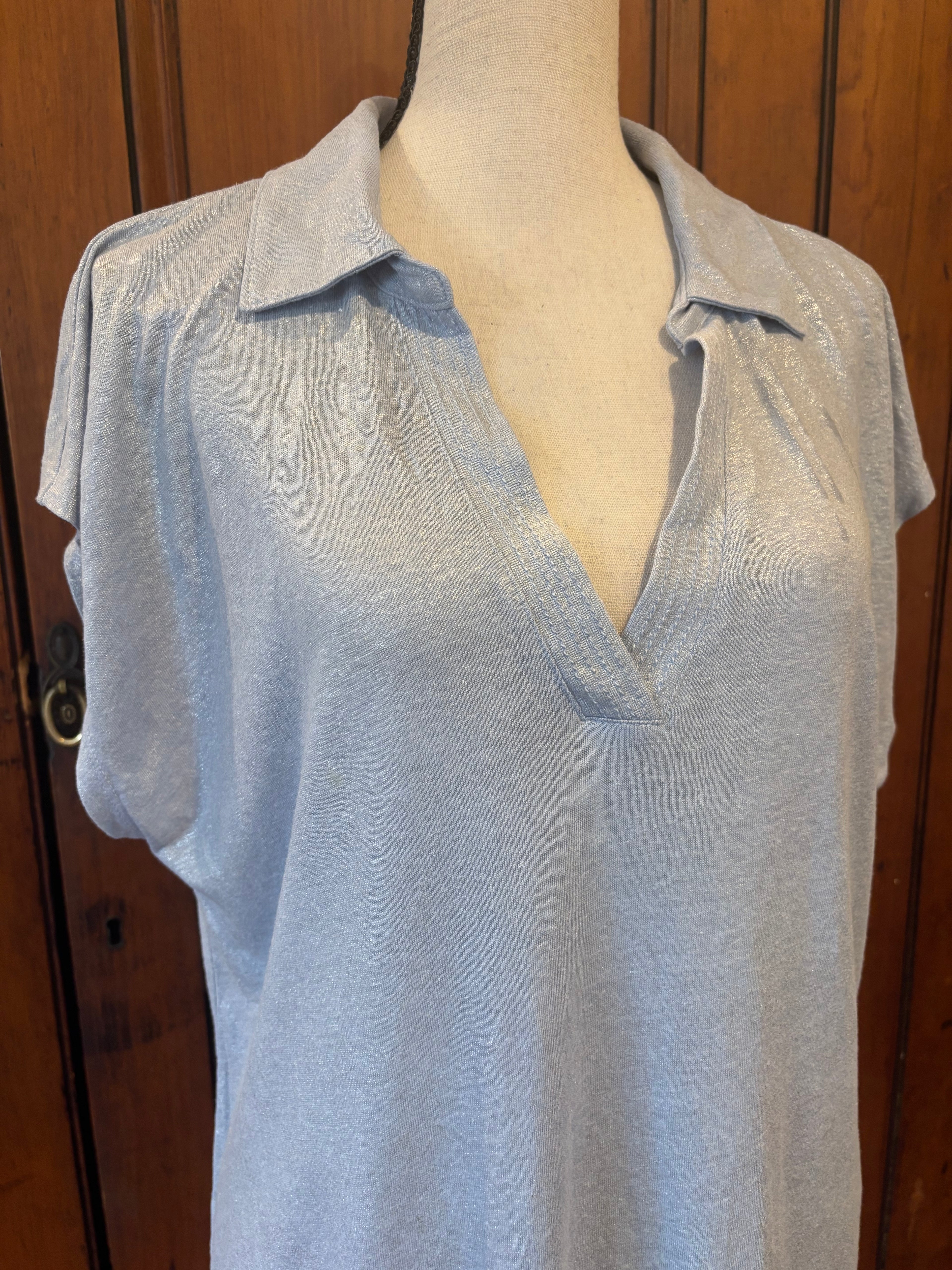 Calypso St Barth light blue short sleeve top detail close up V-neck collar shimmer pre-loved tops and blouses Sassy and Chic