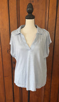 Calypso St Barth light blue short sleeve top front view V-neck collar pre-loved tops and blouses like new Sassy and Chic