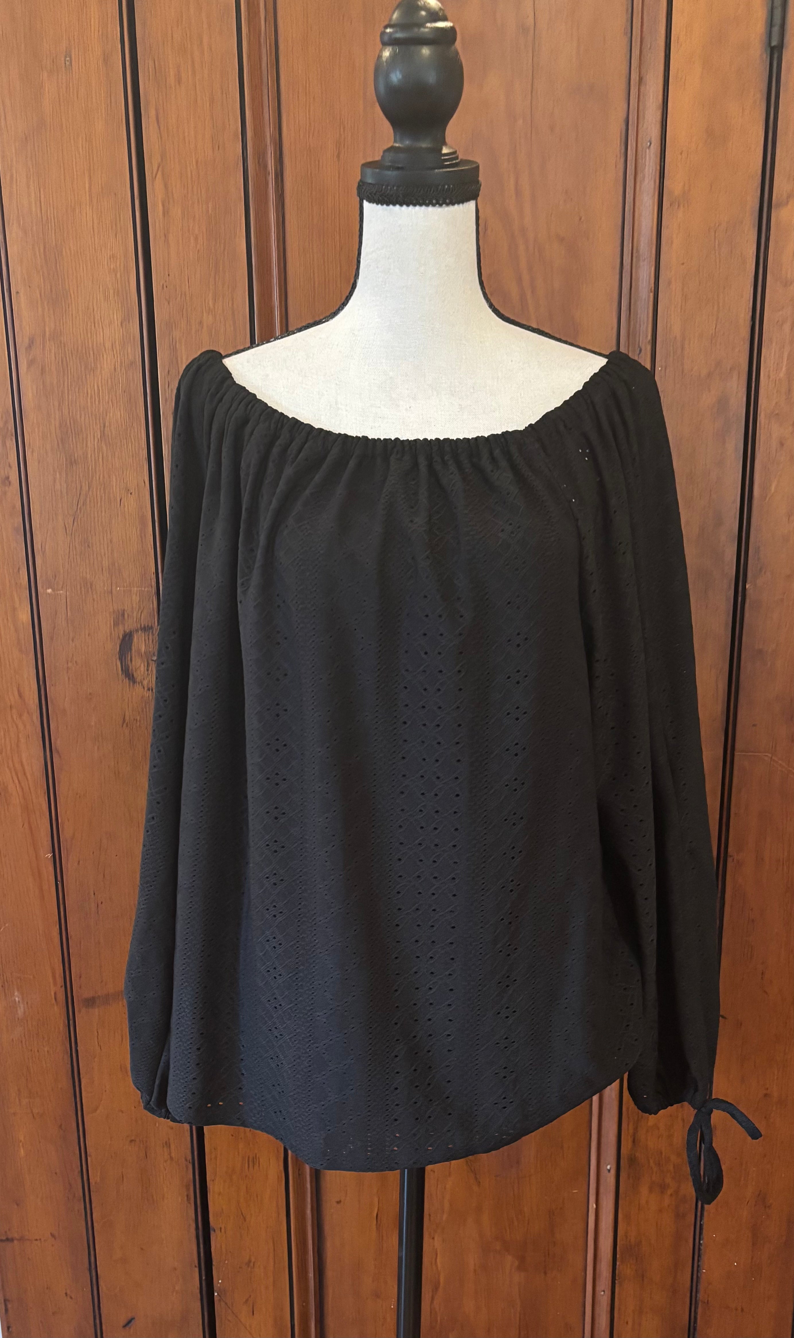 Vince Camuto black off the shoulder top front view long sleeve pre-owned tops and blouses like new Sassy and Chic