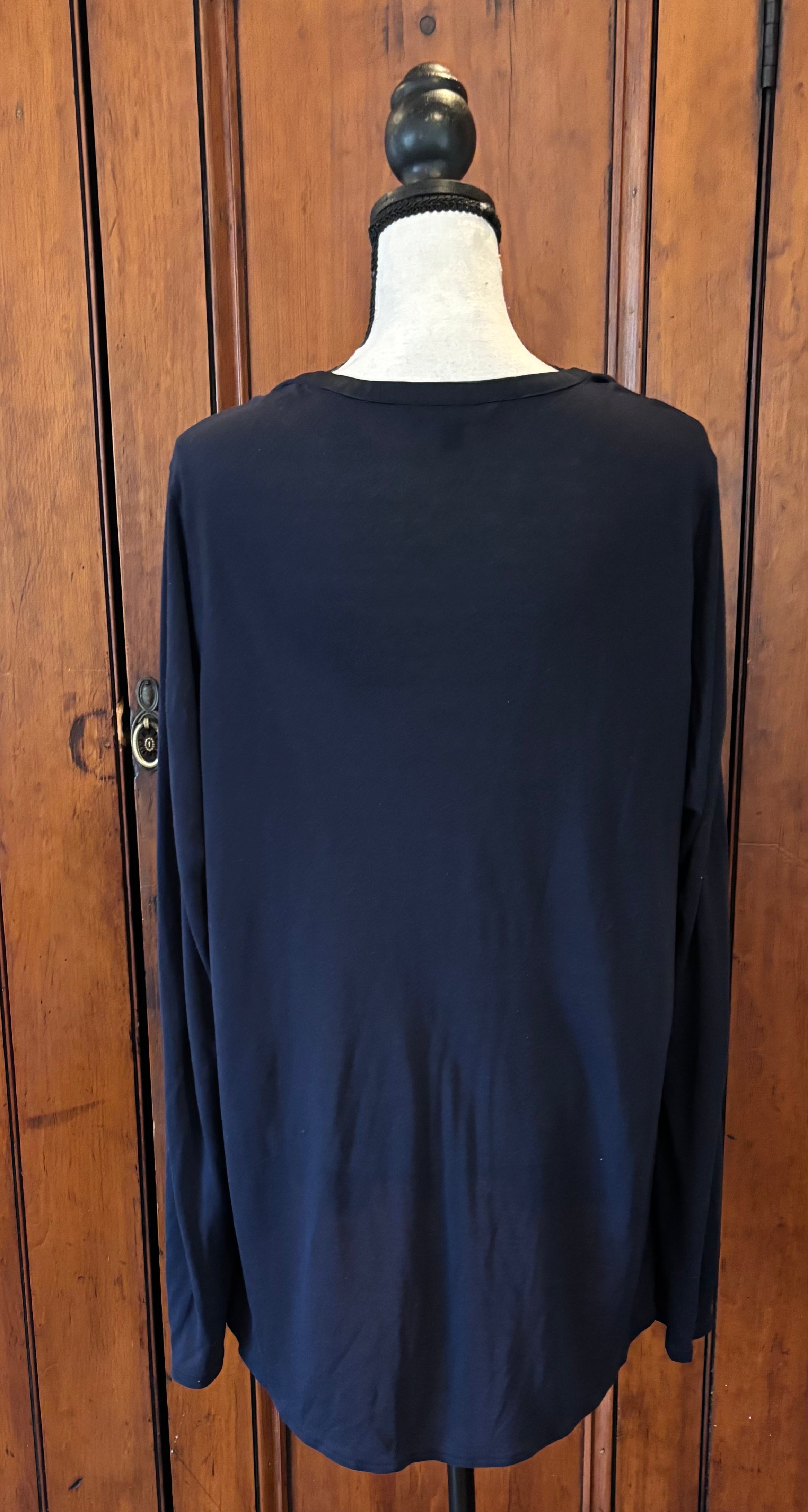 Thrifted tops like new.  Banana Republic navy blue v-neck top back view long sleeve like new thrifted tops Sassy and Chic