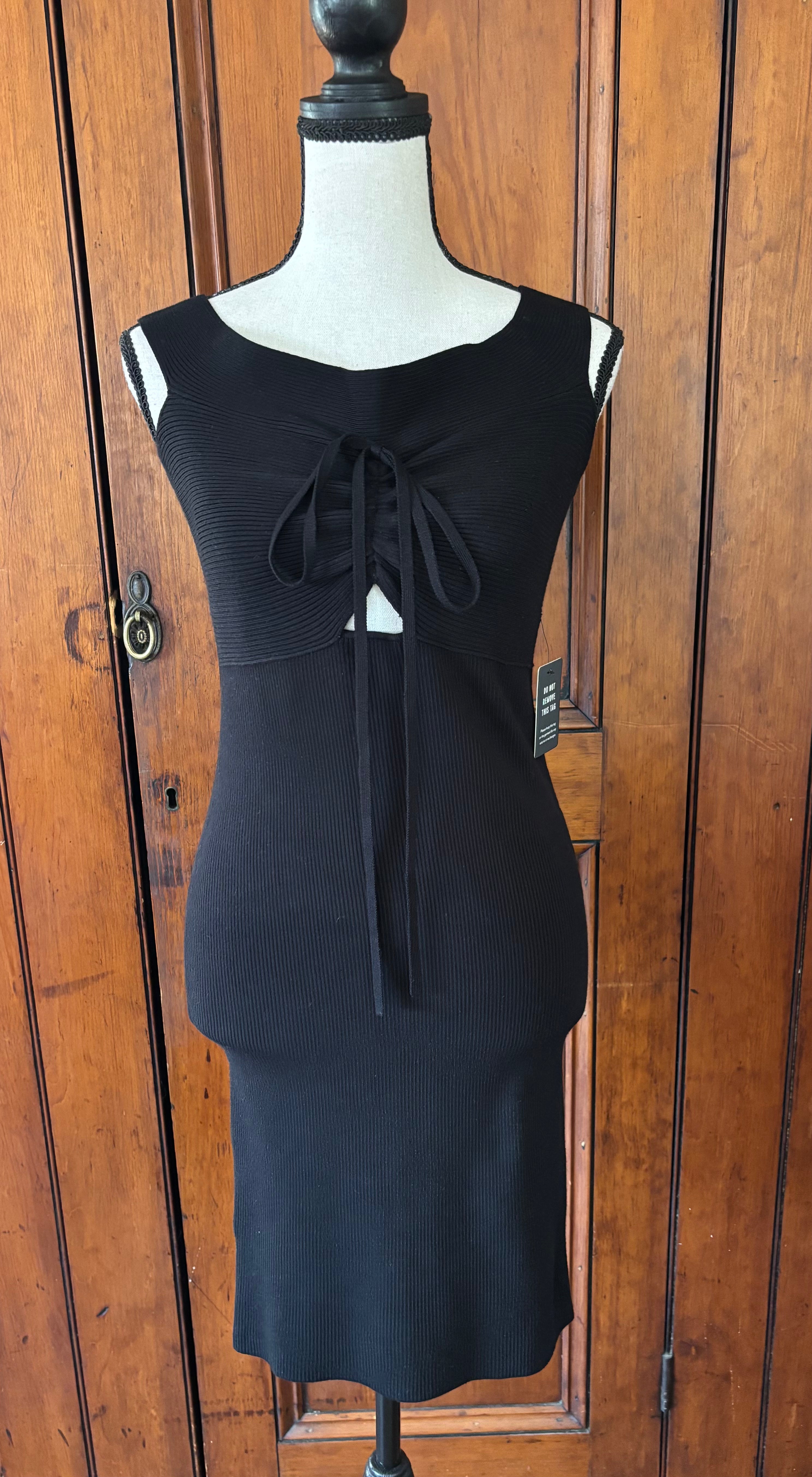Express black sleeveless mini dress front view tie front peekaboo belly thrifted dresses Sassy and Chic