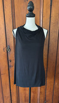 Trina Turk black sleeveless cowl neck top front view like new pre-owned tops and blouses Sassy and Chic