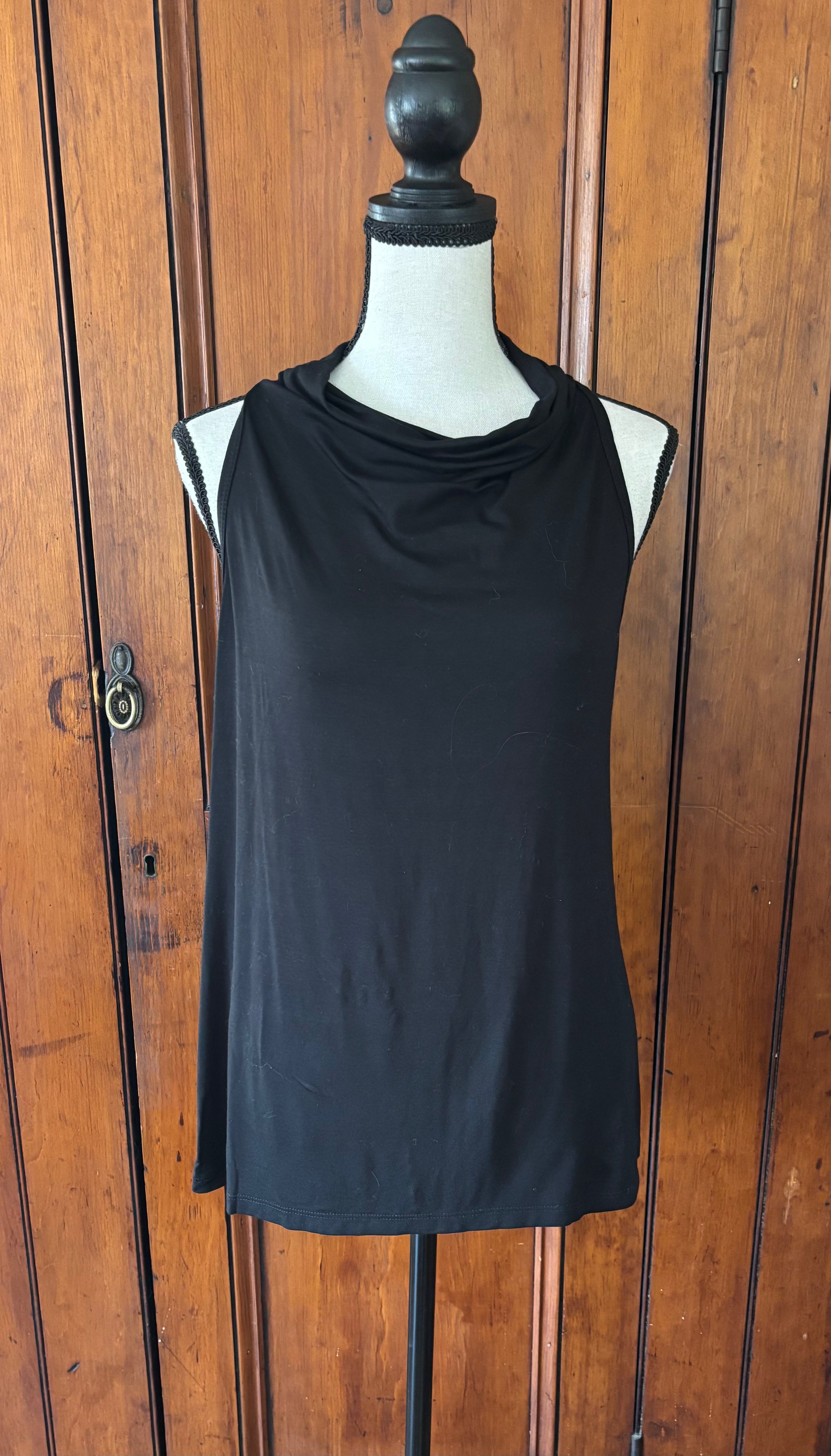 Trina Turk black sleeveless cowl neck top front view like new pre-owned tops and blouses Sassy and Chic