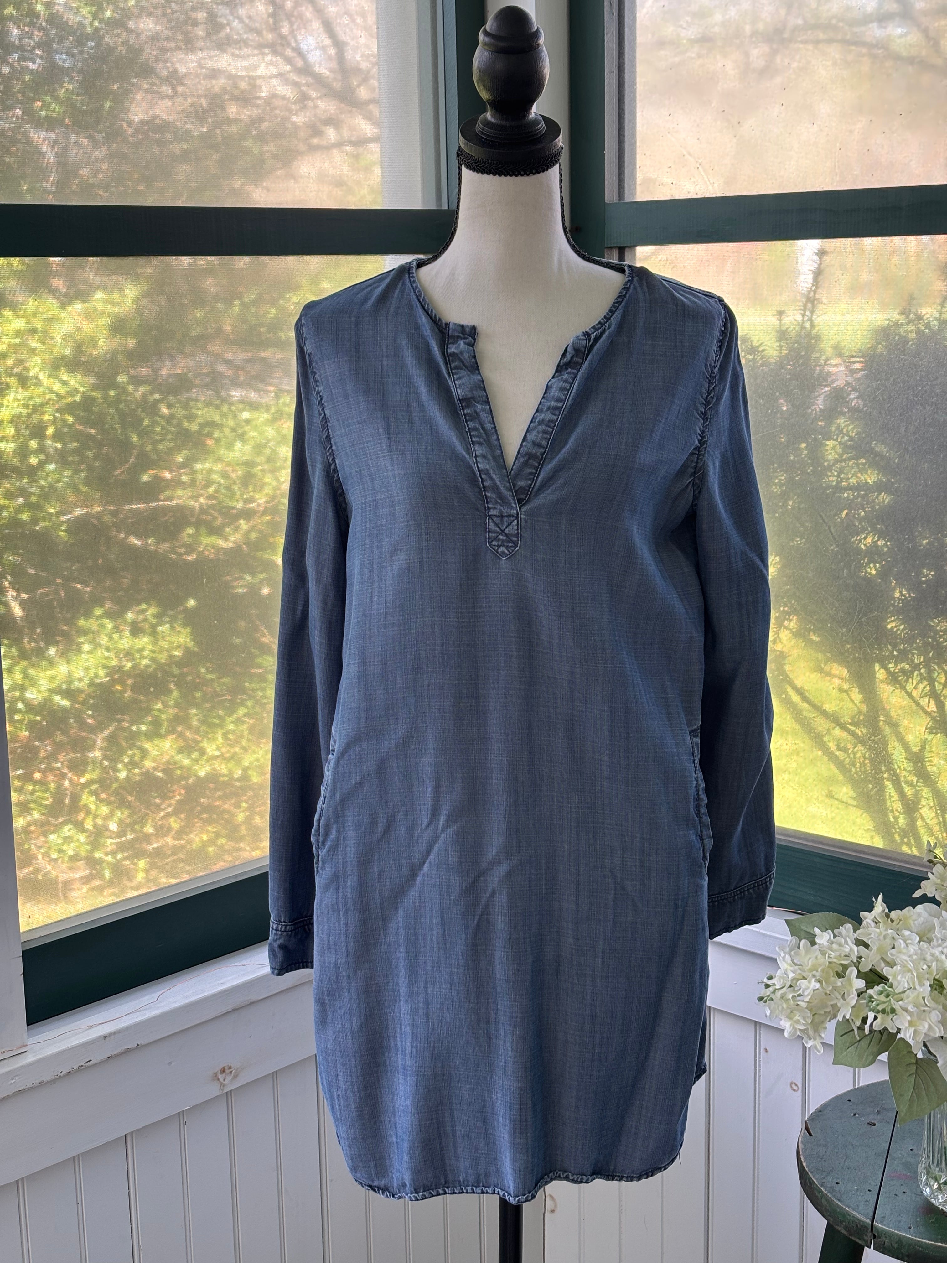 Laju Long Sleeve V-Neck Shift Dress Pockets Size Small