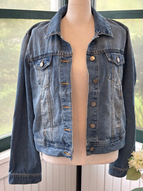 Ashley Vintage Charm medium wash denim jacket front view classic silhouette thrifted denim jackets Sassy and Chic