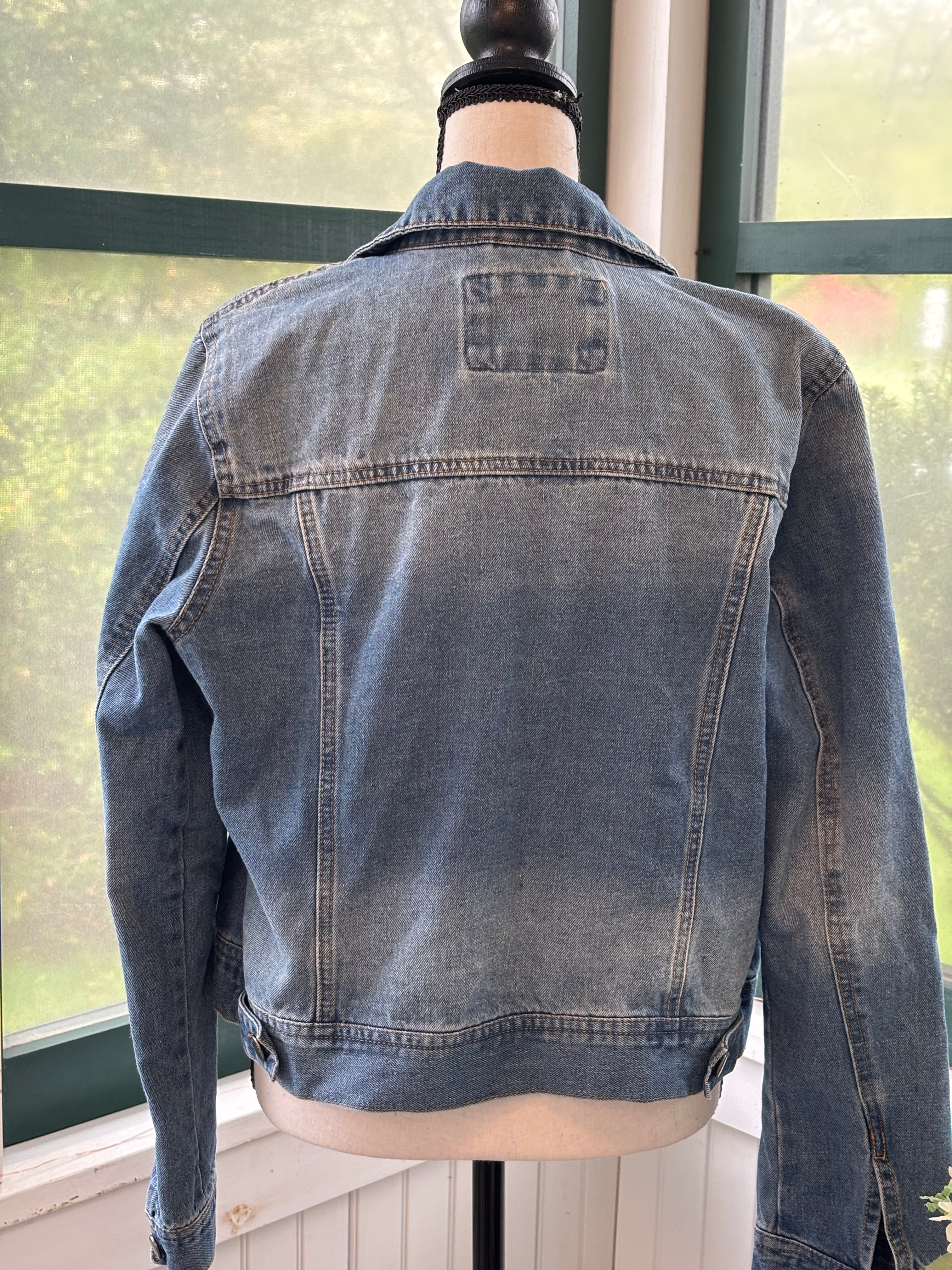 Ashley Vintage Charm medium wash denim jacket back view thrifted denim jackets like new Sassy and Chic
