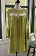 Hayden Los Angeles chartreuse green crochet lace dress with bell sleeves, size small, front view on mannequin