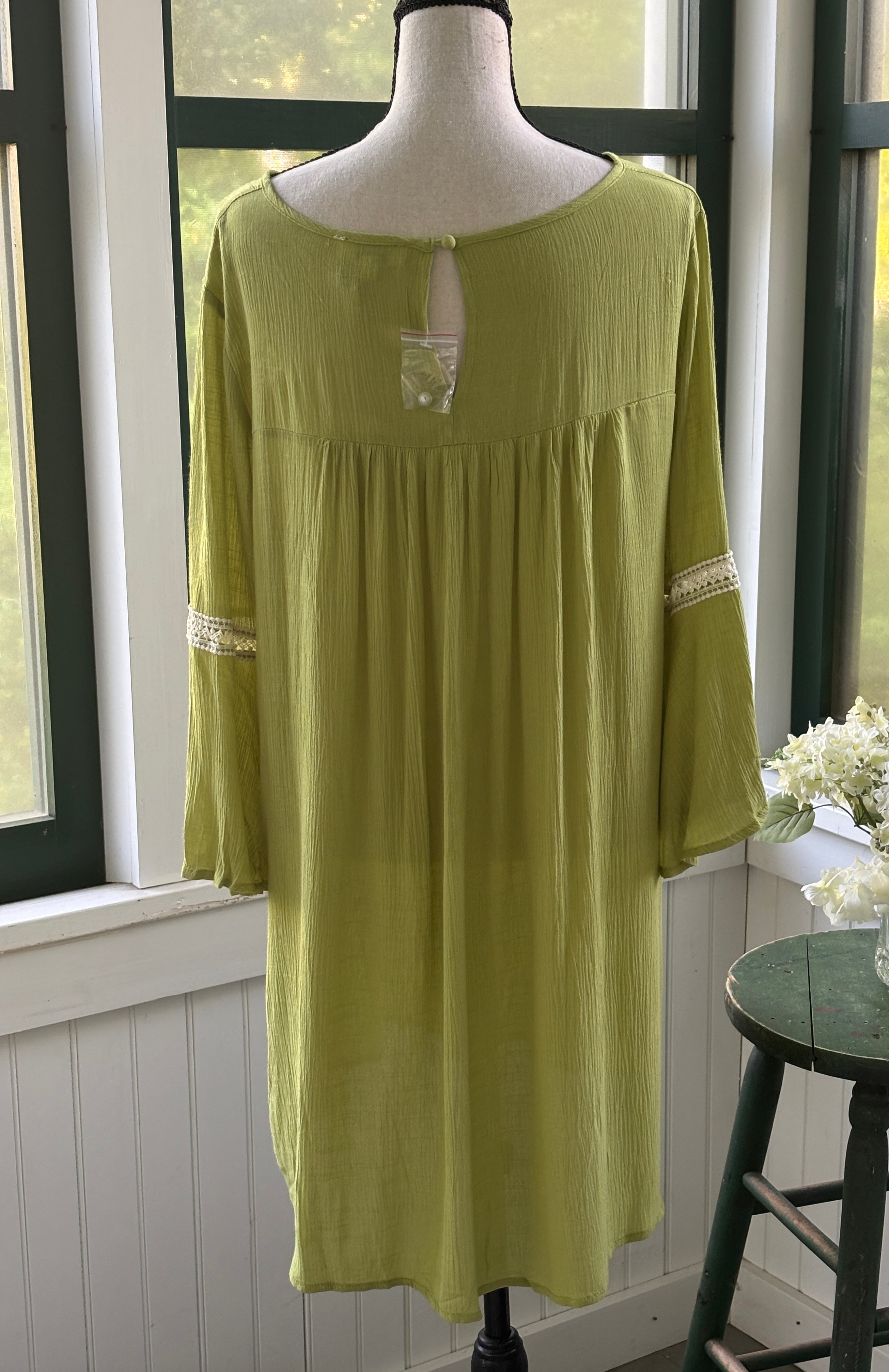 Hayden Los Angeles chartreuse green dress back view showing keyhole button closure and gathered yoke
