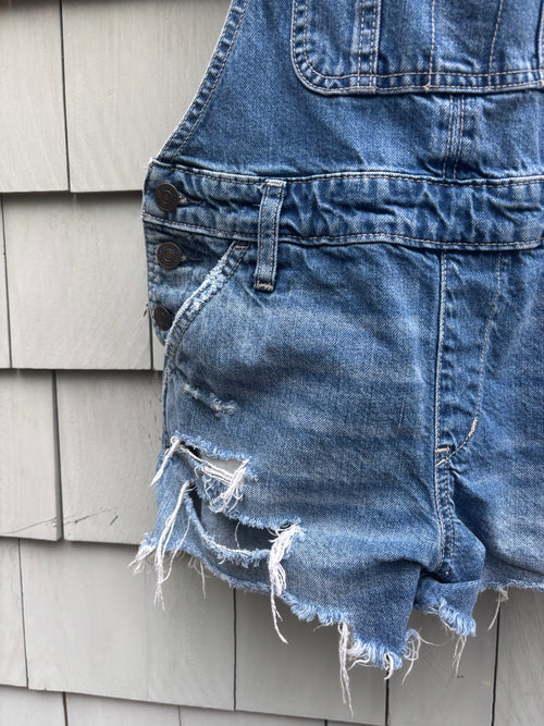 Abercrombie & Fitch Distressed Denim Overall Shorts | Medium Wash | Size XS | Like New