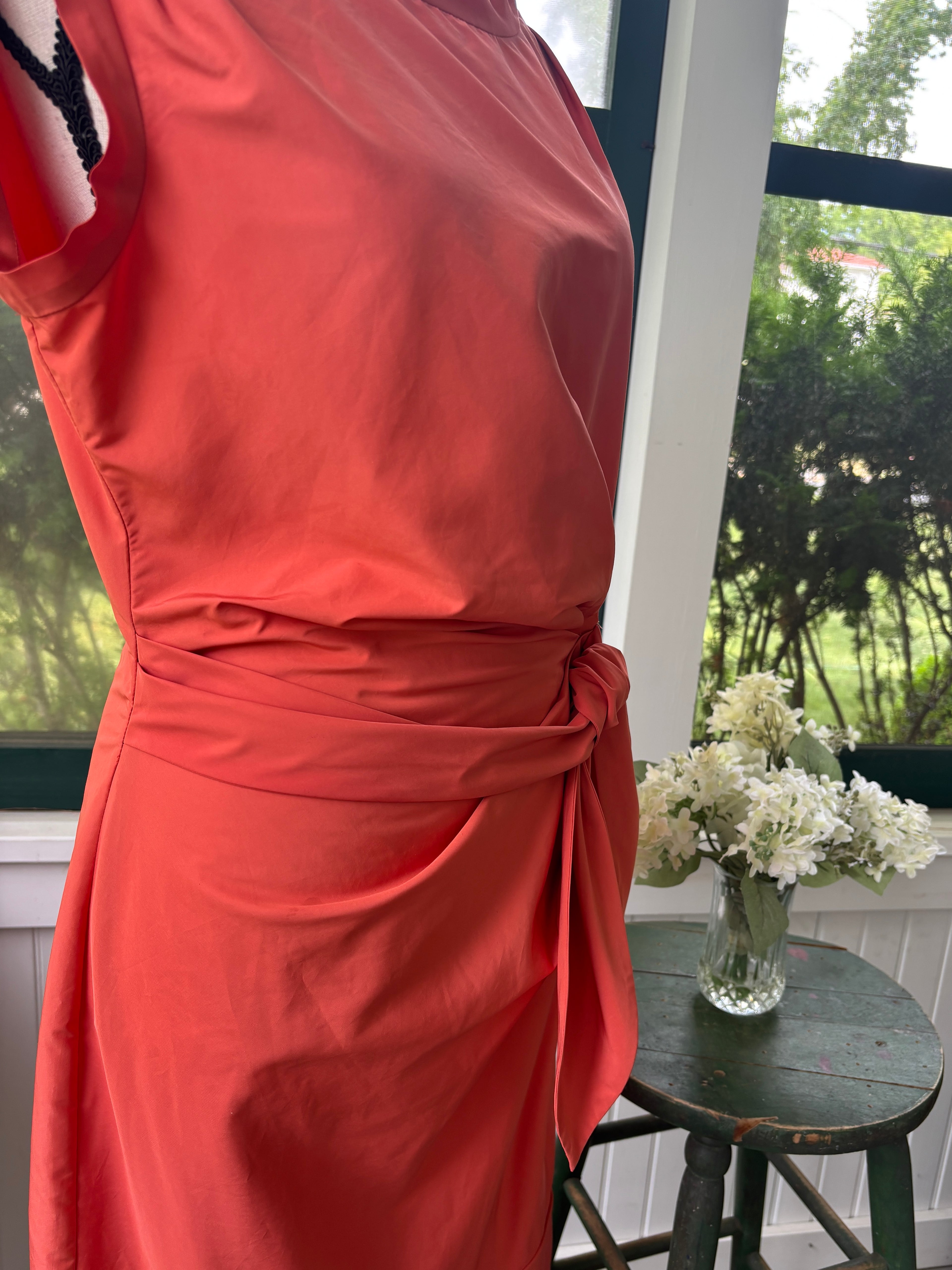 Diane von Furstenberg Sleeveless Tie Waist Sheath Dress | Coral Orange | Size 4 | Like New