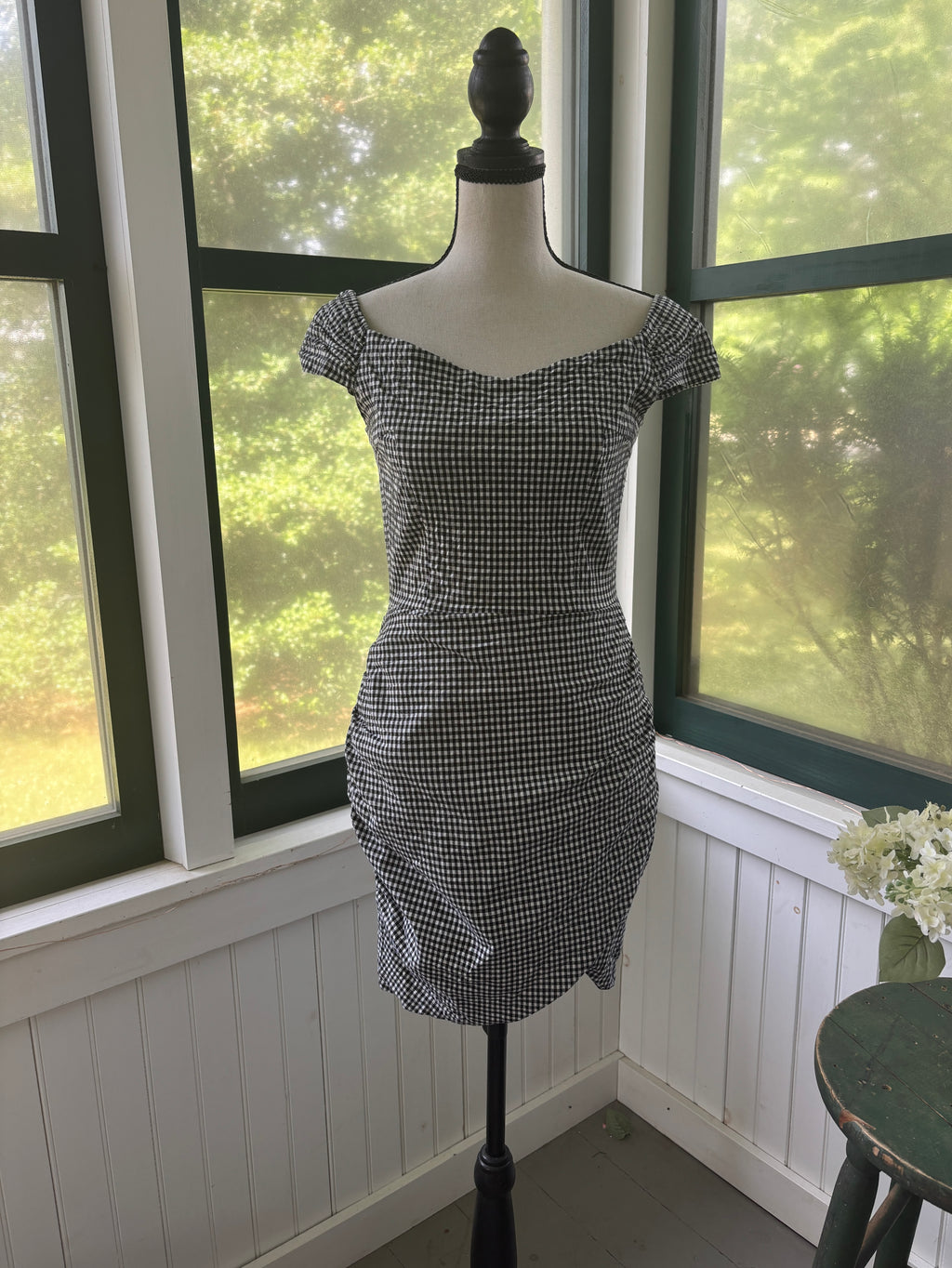 Aqua Gingham Off-the-Shoulder Ruched Mini Dress | Black & White | Size Medium | Like New
