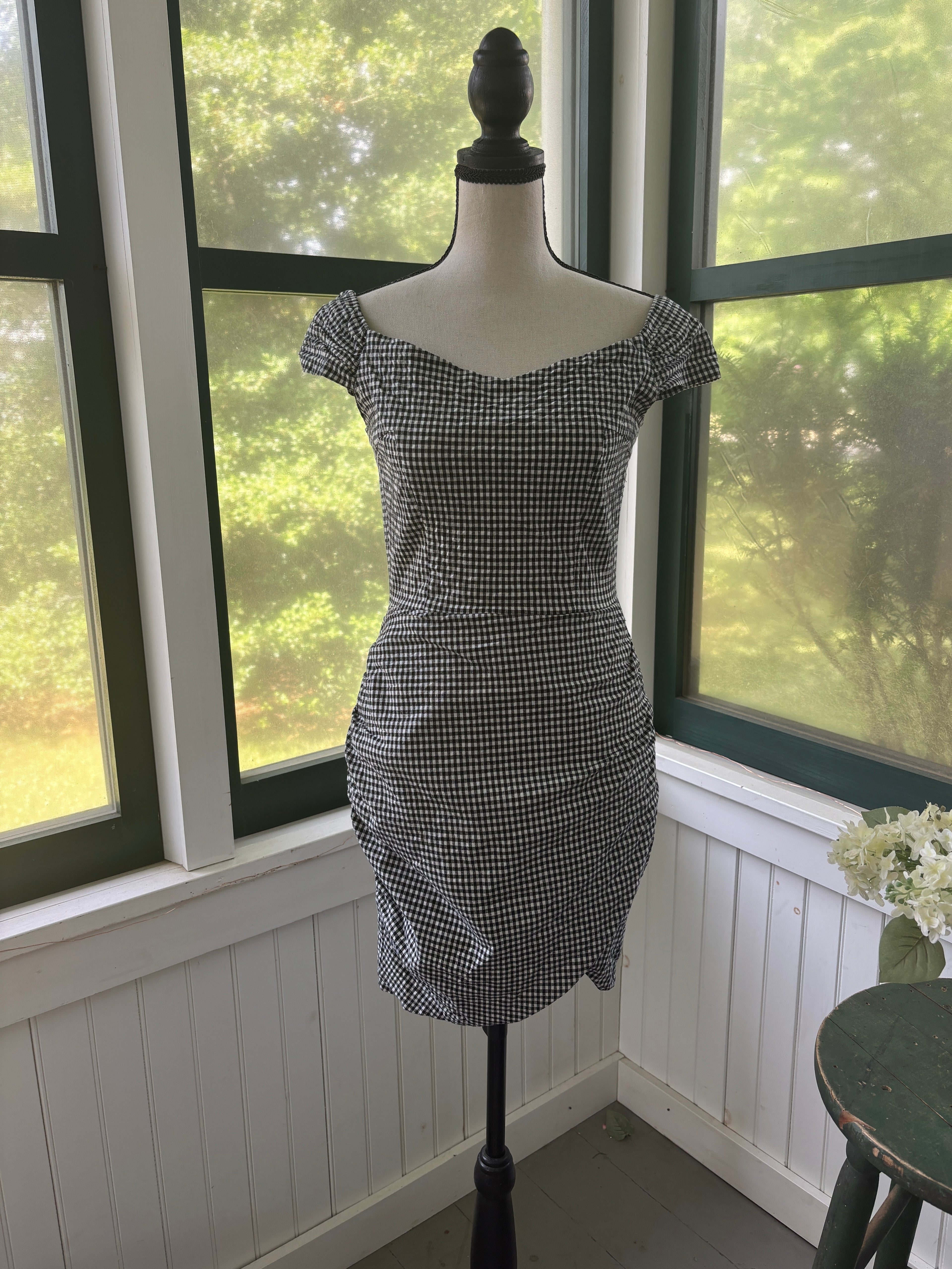 Aqua Gingham Off-the-Shoulder Ruched Mini Dress | Black & White | Size Medium | Like New