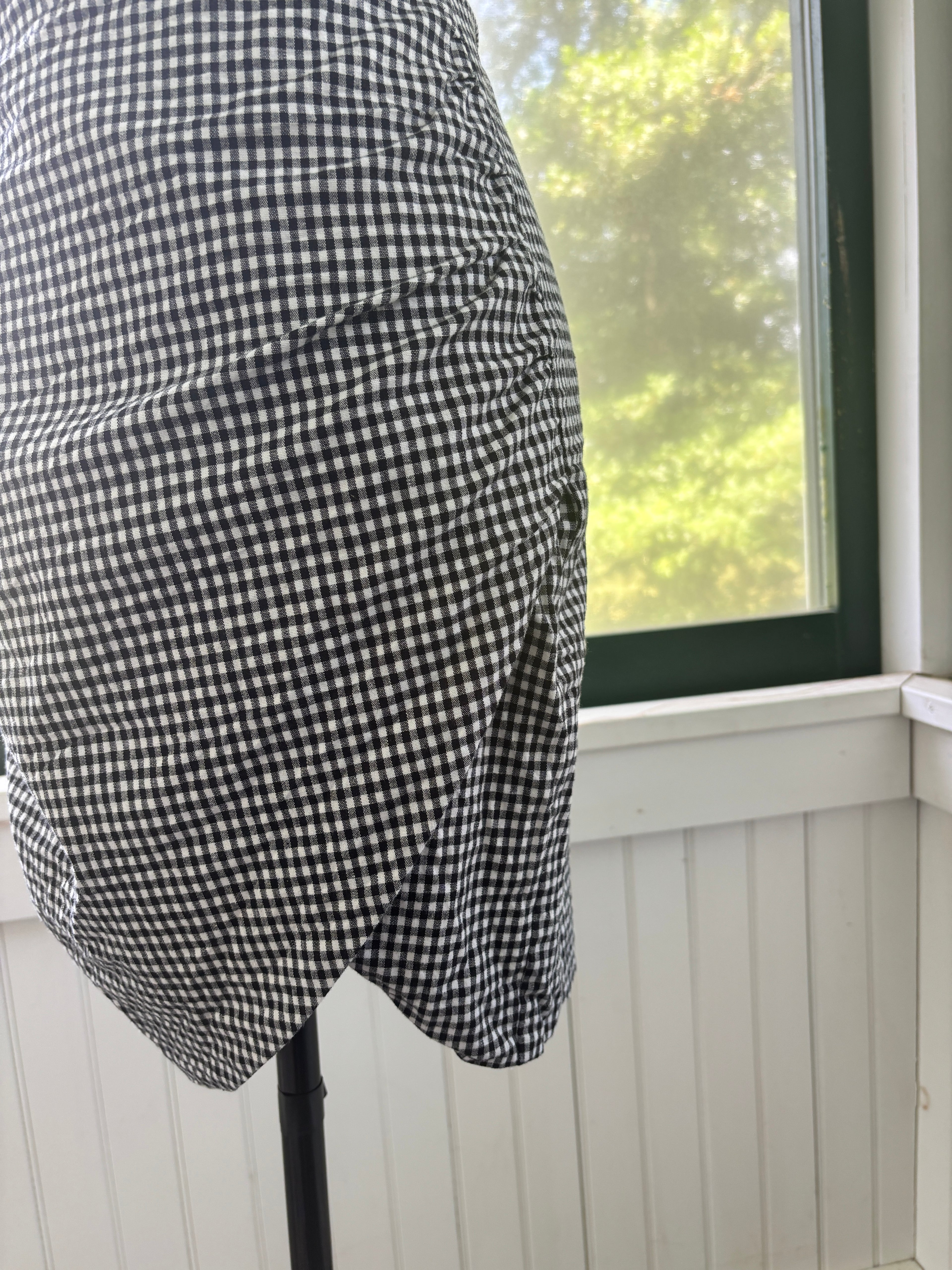 Aqua Gingham Off-the-Shoulder Ruched Mini Dress | Black & White | Size Medium | Like New
