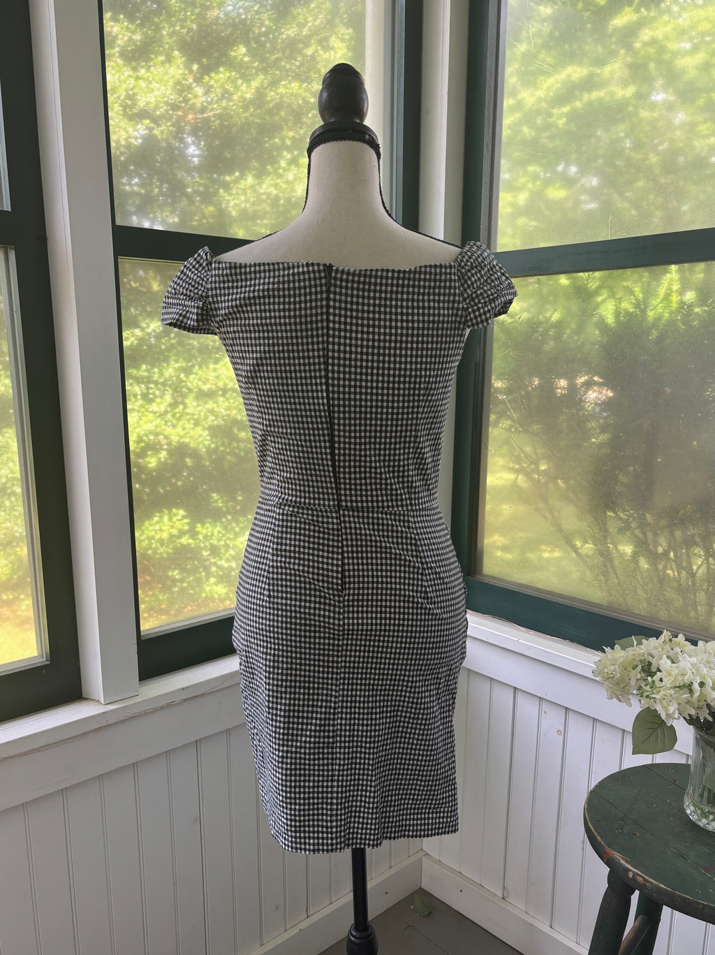 Aqua Gingham Off-the-Shoulder Ruched Mini Dress | Black & White | Size Medium | Like New