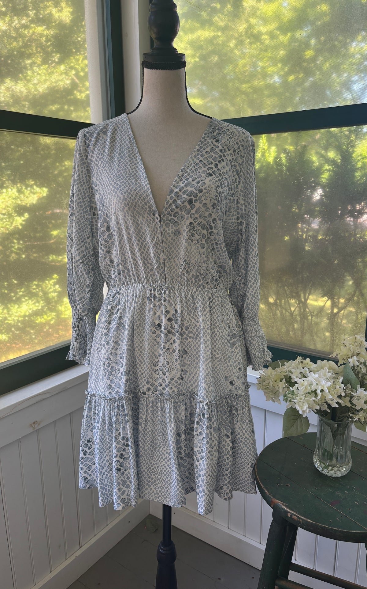 Buddy Love Paltrow Snake Print Tiered Dress | Grey & White | Size Large | New with Tags
