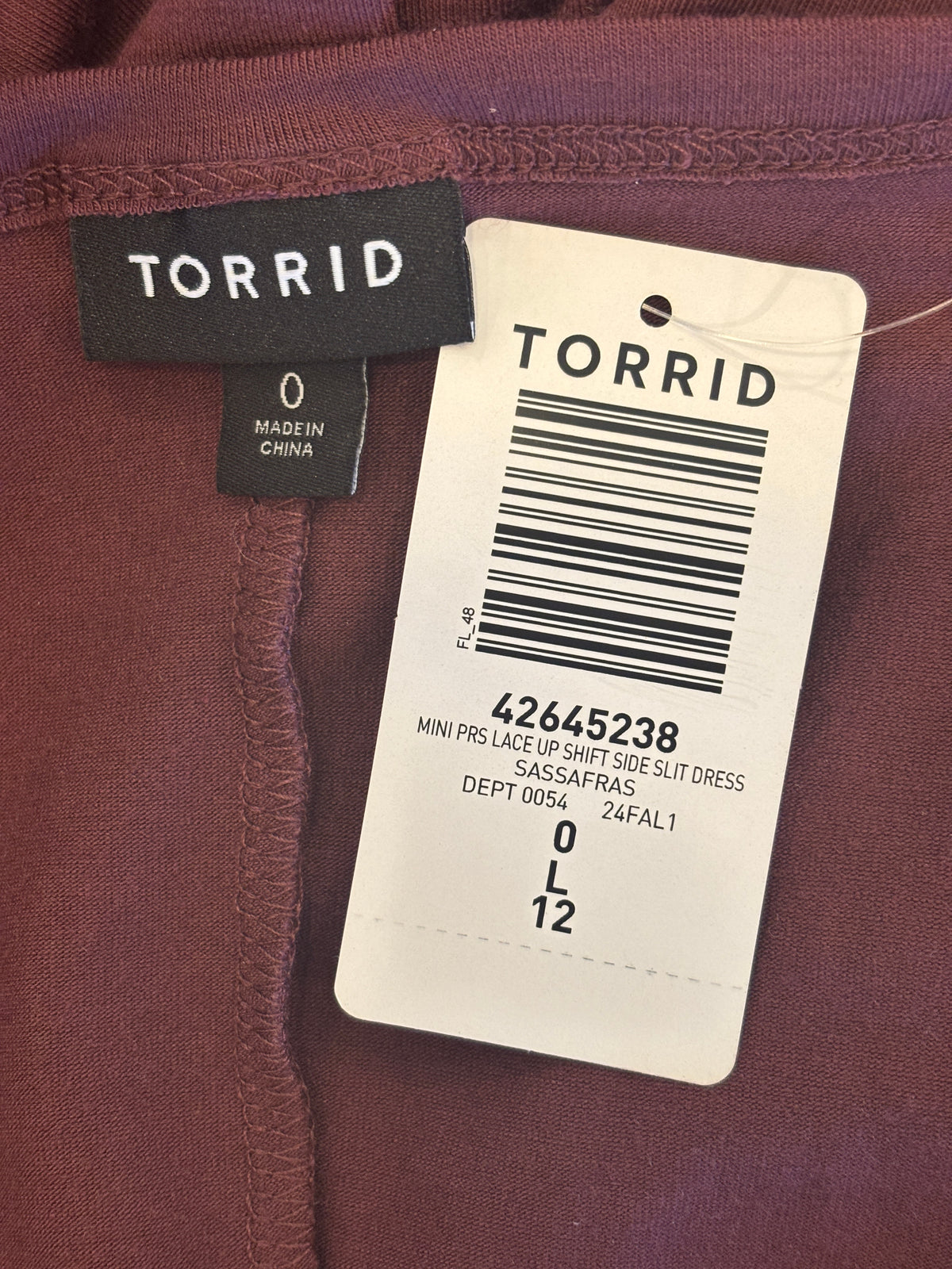 Torrid Mini Shift Dress | Lace-Up Sassafras Burgundy | Size 12 (L) | New With Tags