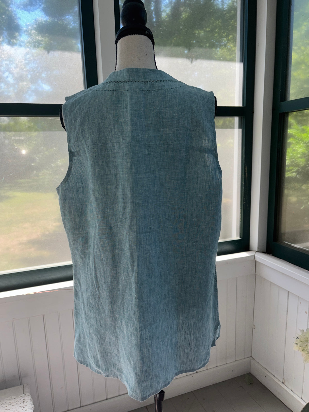Dana Buchman Linen Top | Oasis Teal Blue Embroidered V-Neck | Size L | New With Tags