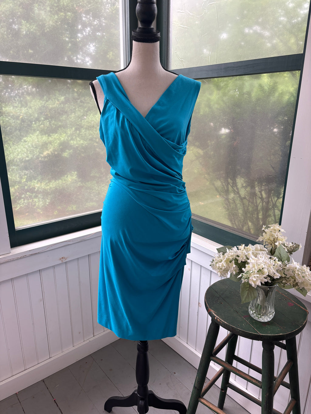 Diane von Furstenberg Ruched Faux-Wrap Dress | Teal Blue | Size M | Like New