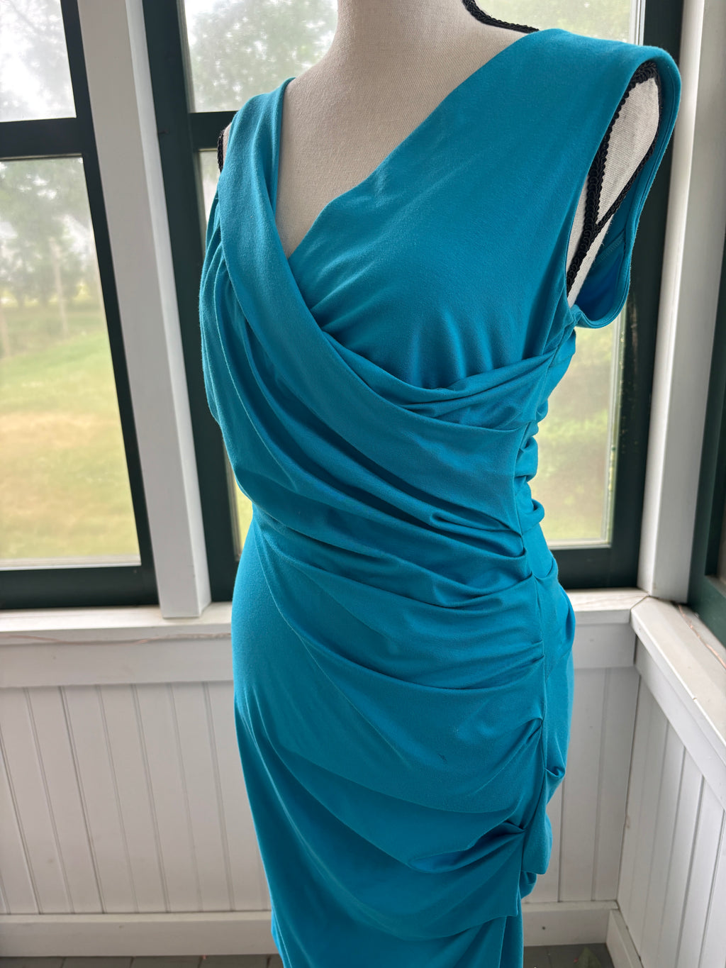 Diane von Furstenberg Ruched Faux-Wrap Dress | Teal Blue | Size M | Like New