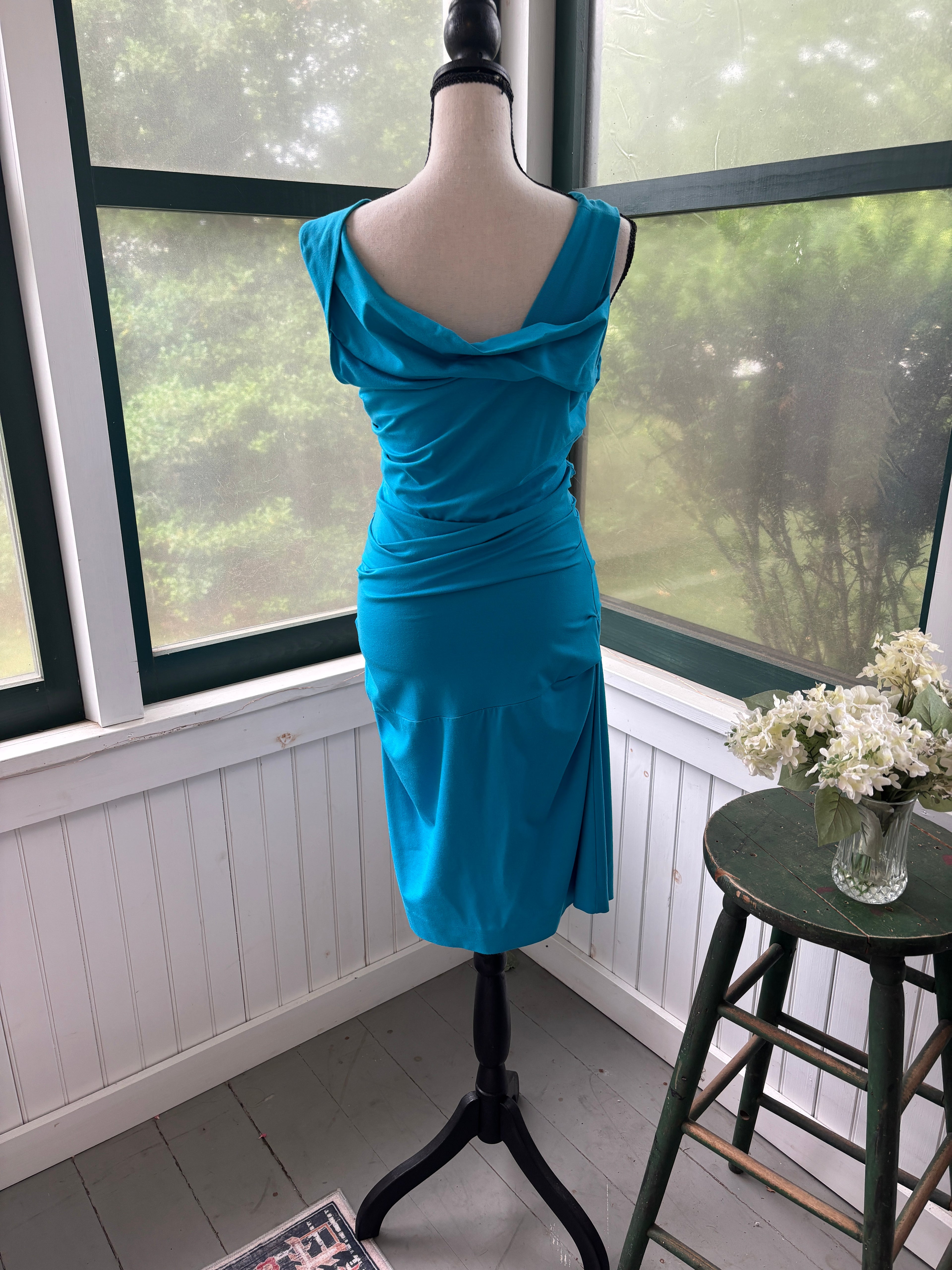 Diane von Furstenberg Ruched Faux-Wrap Dress | Teal Blue | Size M | Like New