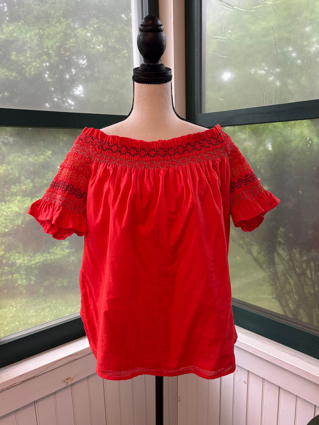 Trina Turk Smocked Off-Shoulder Top | Red Embroidered | Size L | Like New