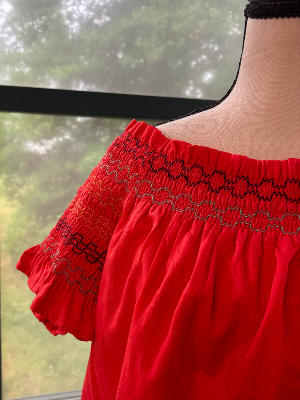 Trina Turk Smocked Off-Shoulder Top | Red Embroidered | Size L | Like New