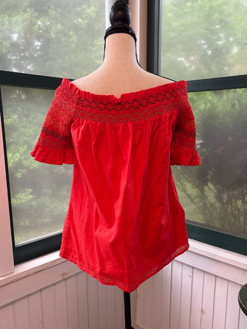 Trina Turk Smocked Off-Shoulder Top | Red Embroidered | Size L | Like New
