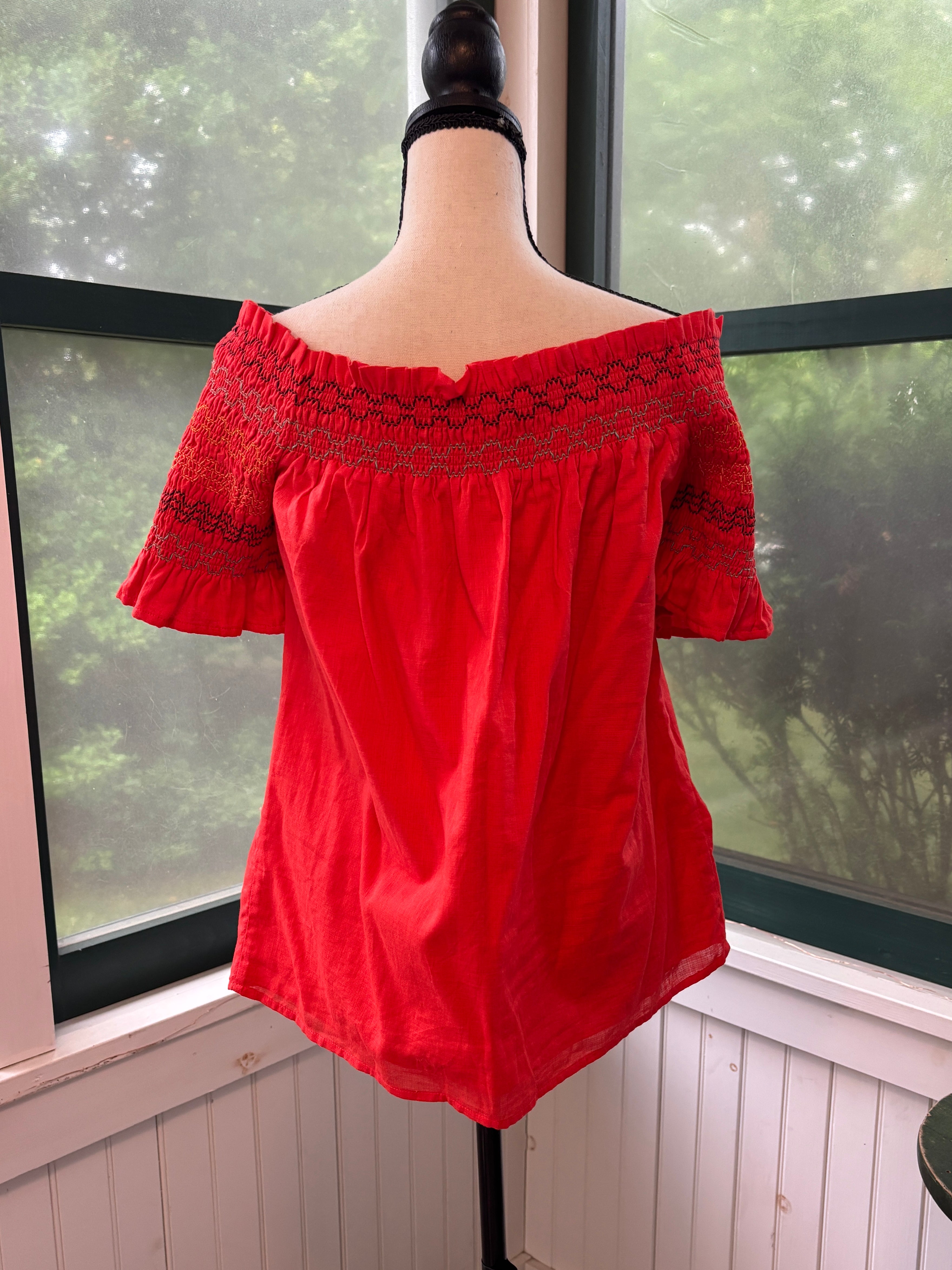 Trina Turk Smocked Off-Shoulder Top | Red Embroidered | Size L | Like New