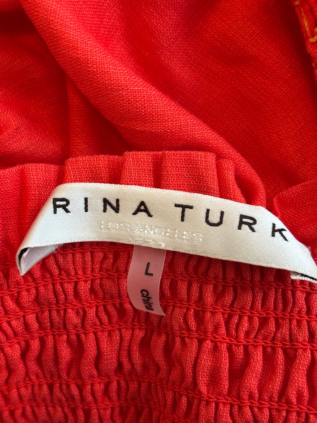 Trina Turk Smocked Off-Shoulder Top | Red Embroidered | Size L | Like New