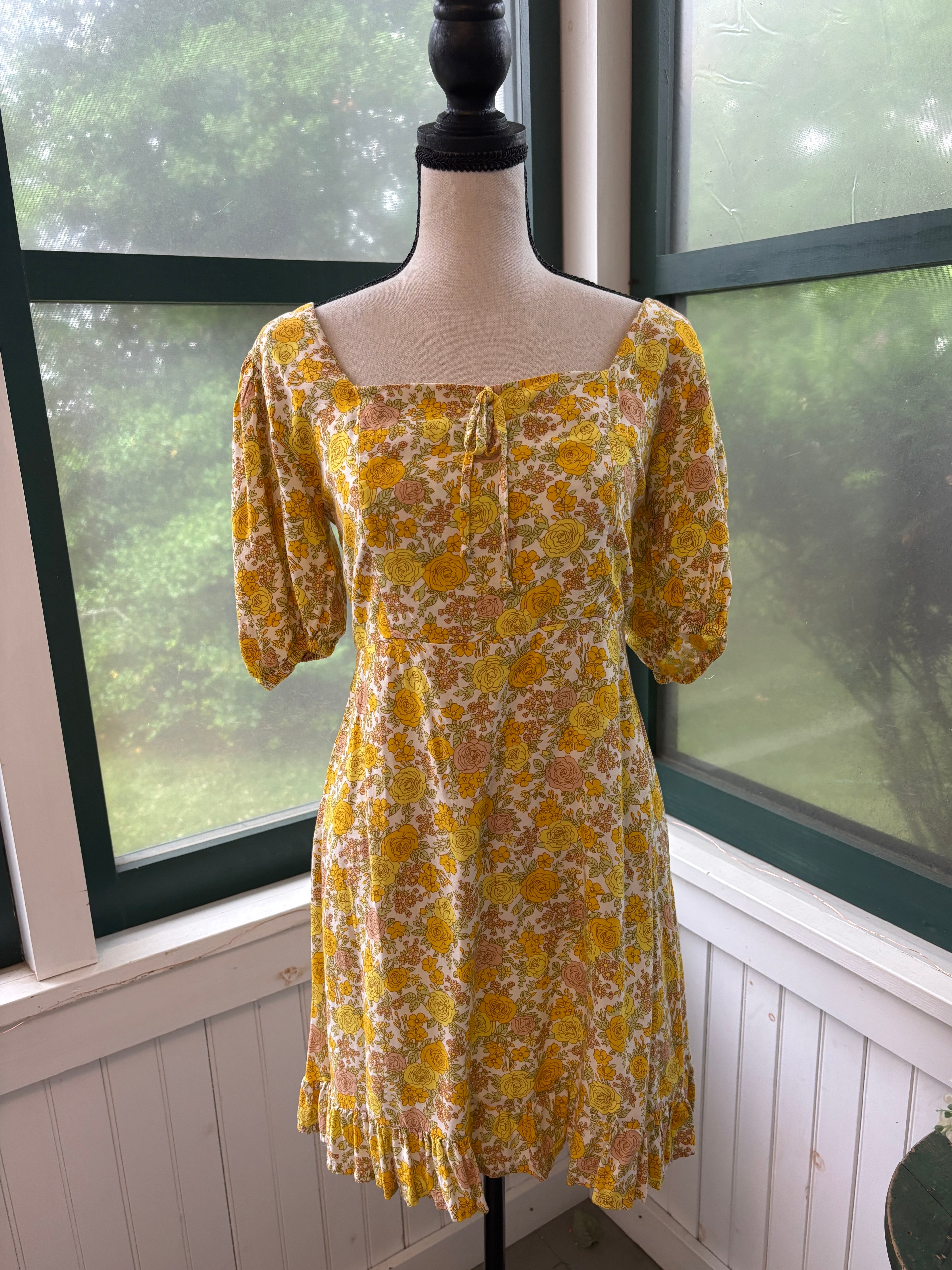 Faithfull the Brand Puff Sleeve Mini Dress | Yellow Rose Floral | Size 6 (M) | Like New