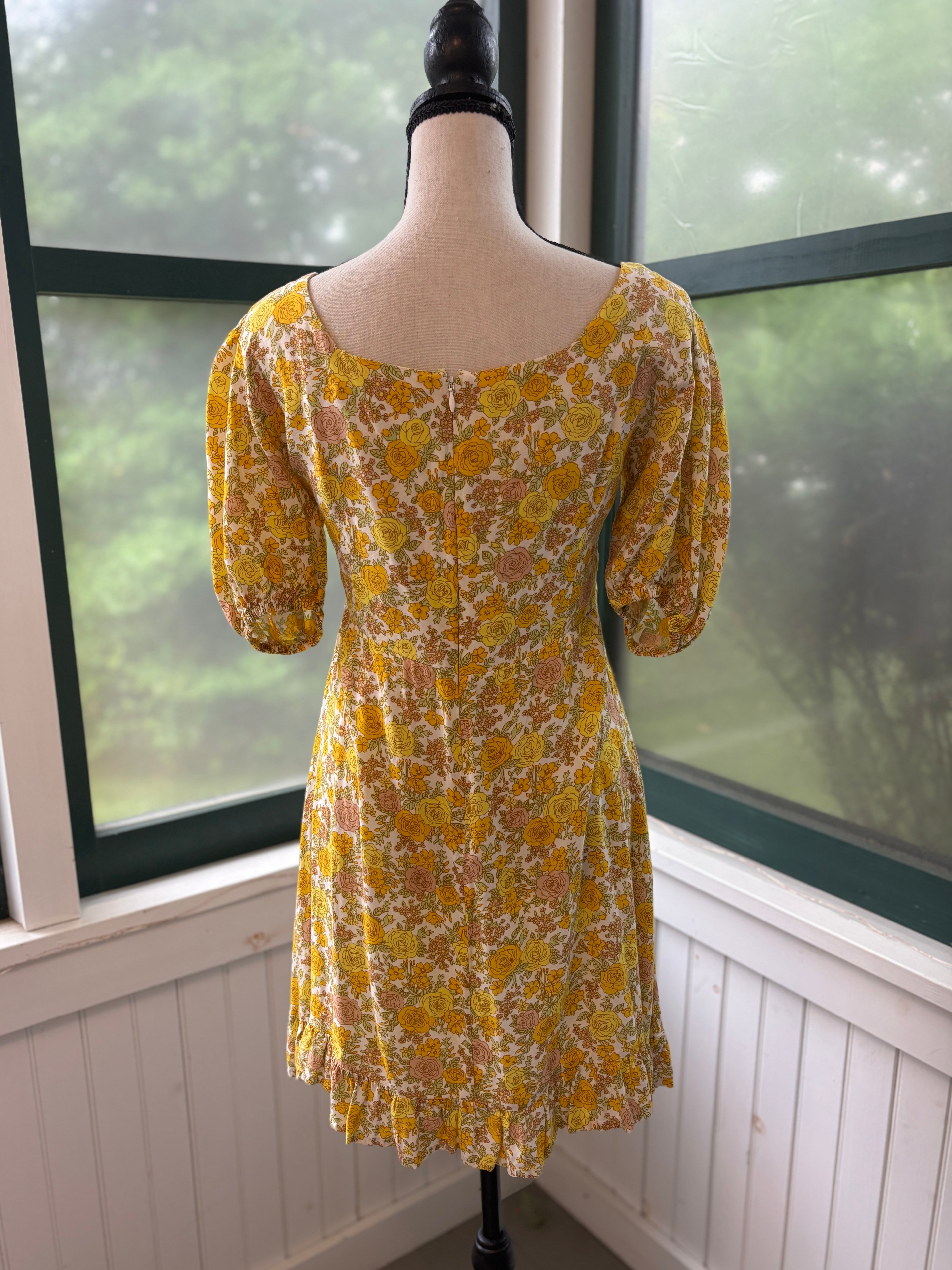 Faithfull the Brand Puff Sleeve Mini Dress | Yellow Rose Floral | Size 6 (M) | Like New